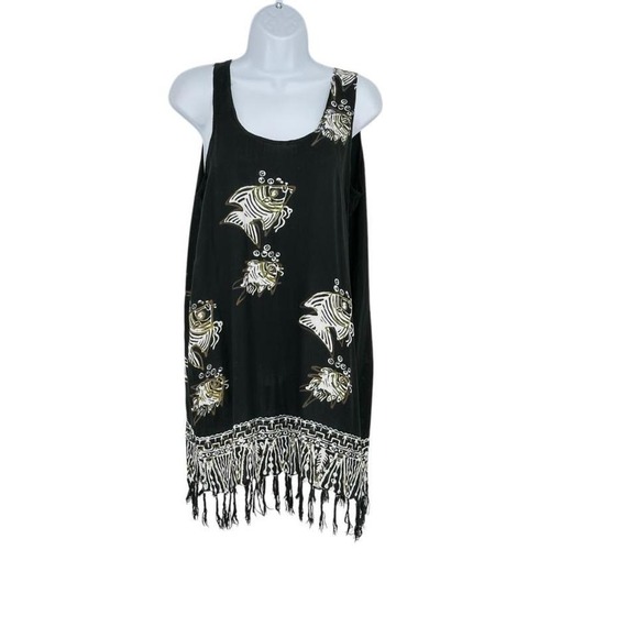 Fish Print Dress Fringed Hem Sleeveless Cover‎ Up Beach Resort Wear One Size - Picture 1 of 3